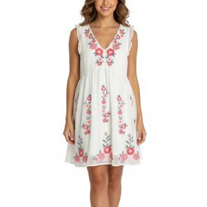 Savannah Jane White Chiffon Pink Embroidered V-Neck Ruffle Sleeve Dress Size S